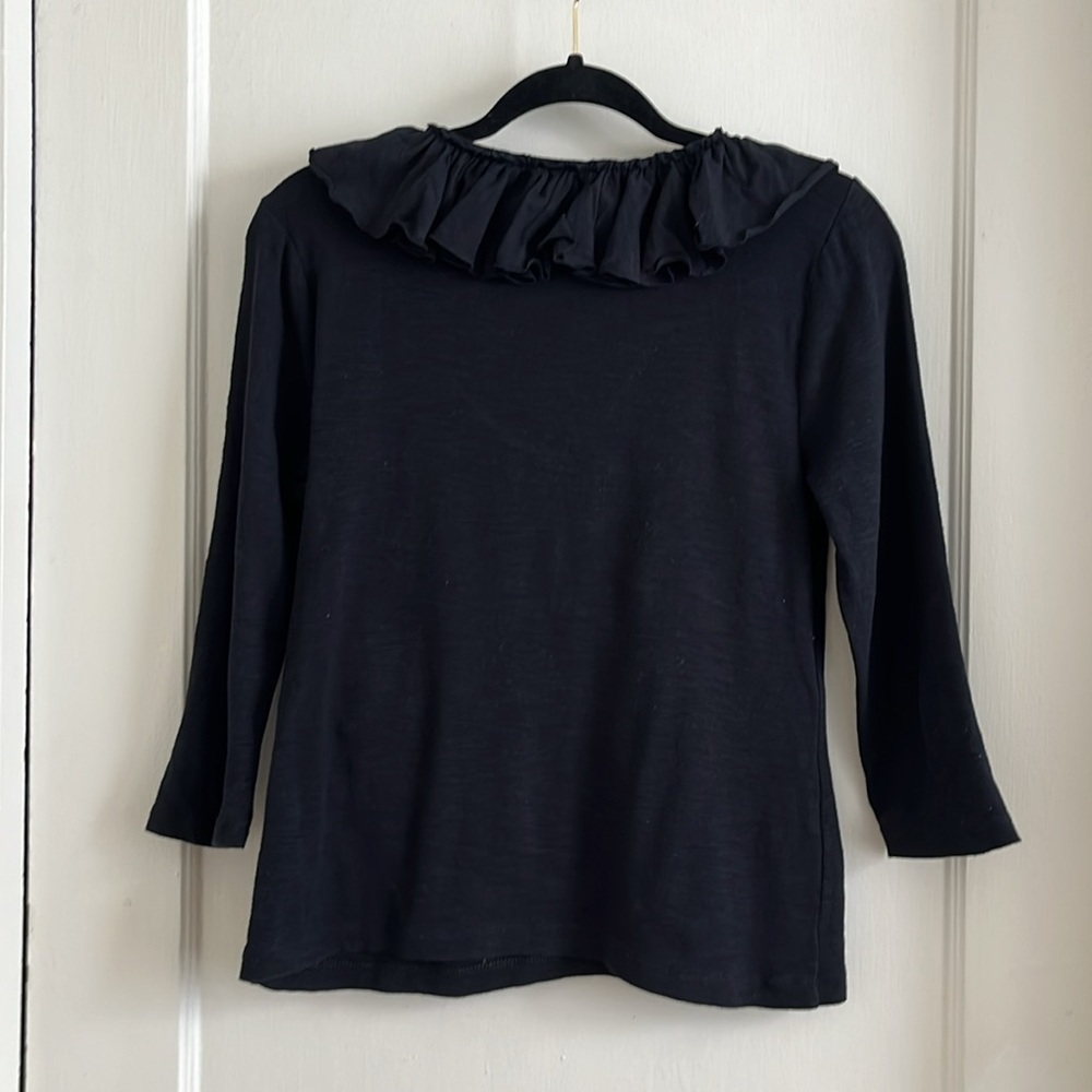 Chaps Y2K Style Black Ruffle Collar 3/4 Sleeve 100% Cotton Knit T-Shirt Blouse - Picture 3 of 11